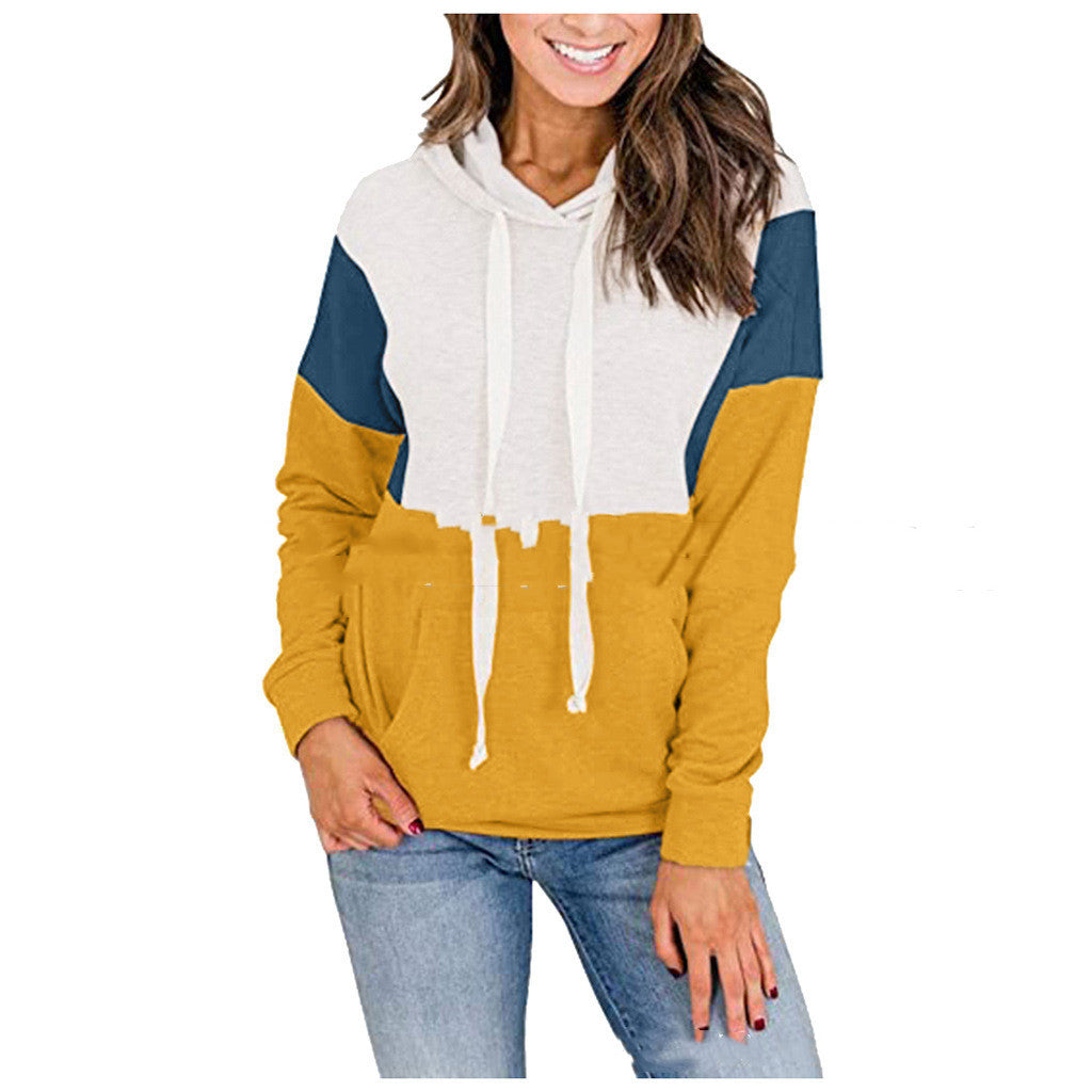 Stitching contrast color hooded sweater women