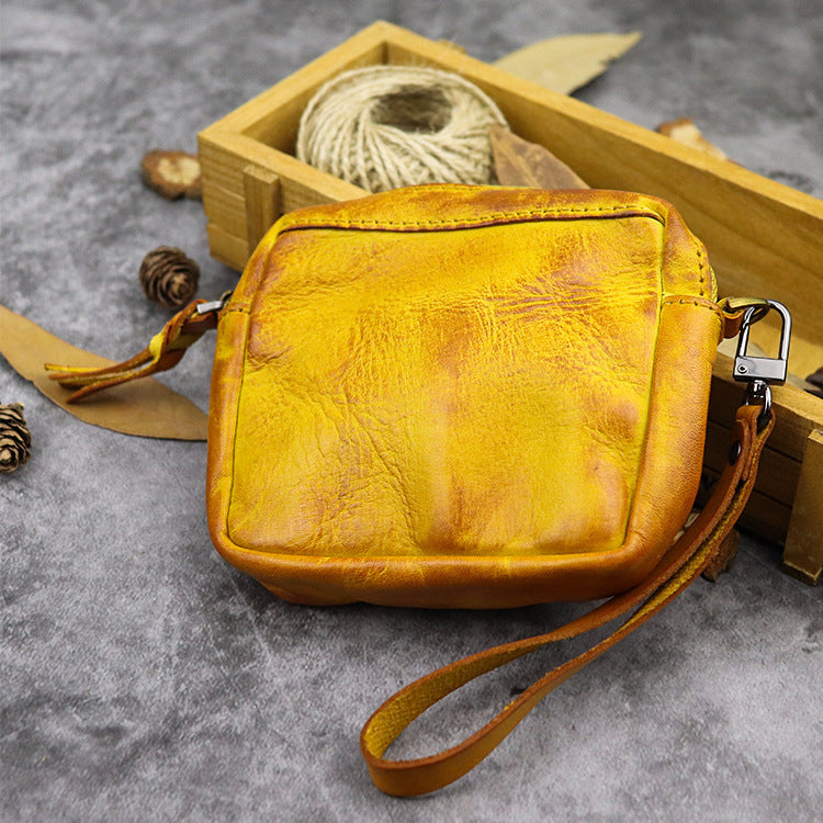 New hand dyed vegetable tanned leather women''s portable multi-functional small handbag lovers cowhide storage card bag pocket change purse