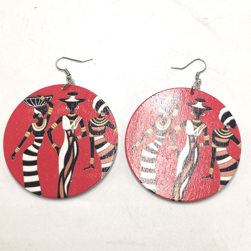 African pattern geometric round wooden earrings