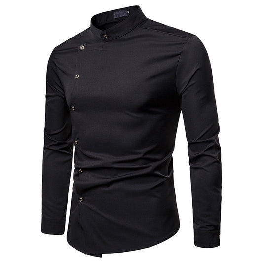 Solid color slant placket shirt gentleman