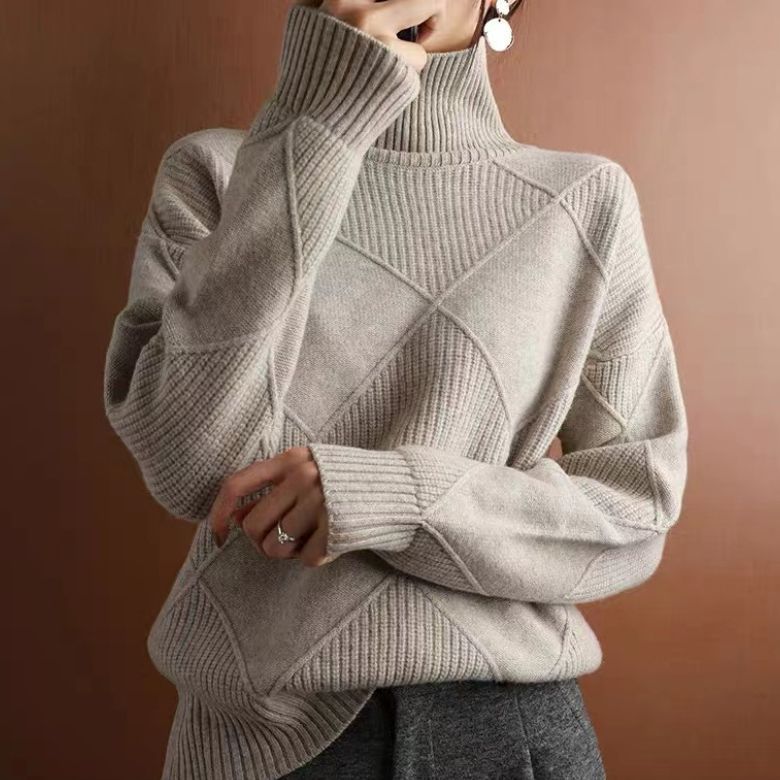 Women's Turtleneck Three-dimensional Rhombus Sweater