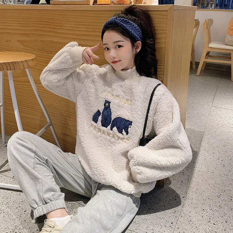 Retro bear embroidered turtleneck sweater women