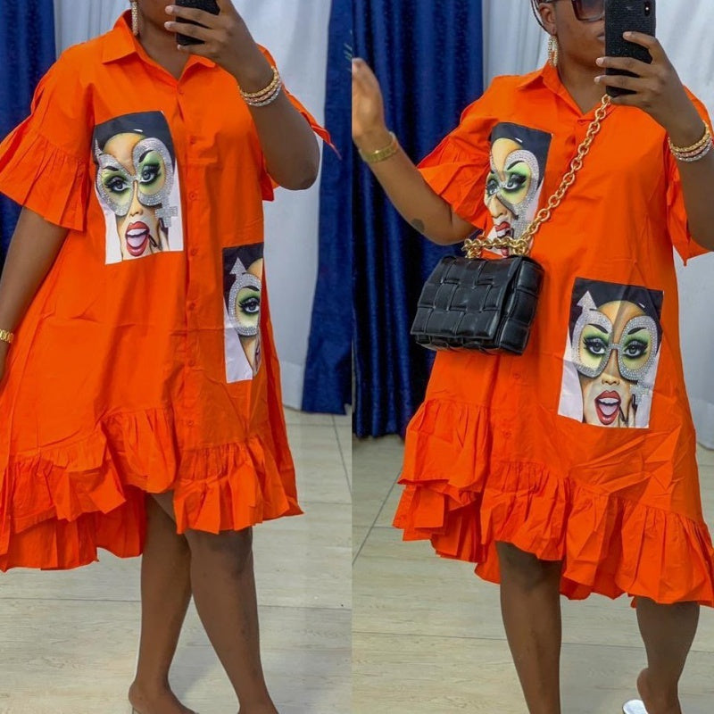 African Women's Sticker Ruffled Loose Shirt Dress