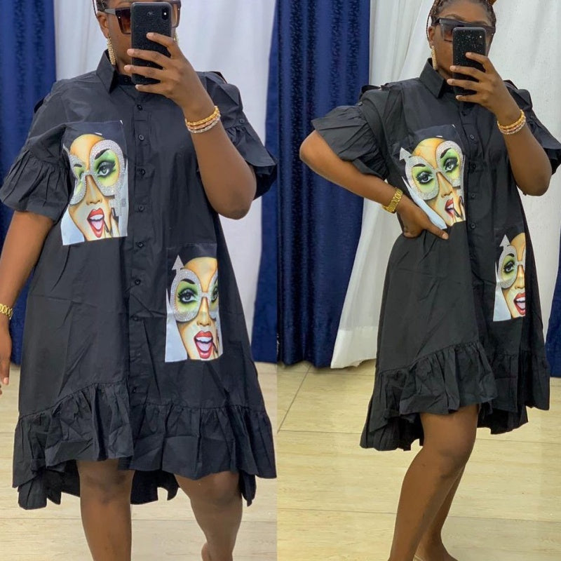 African Women's Sticker Ruffled Loose Shirt Dress