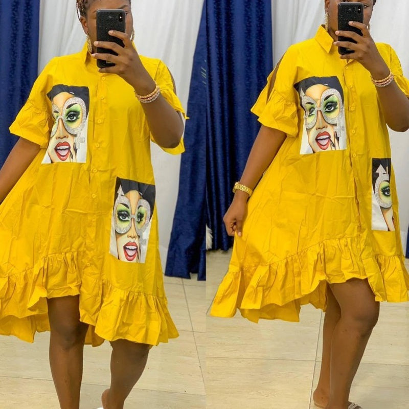 African Women's Sticker Ruffled Loose Shirt Dress