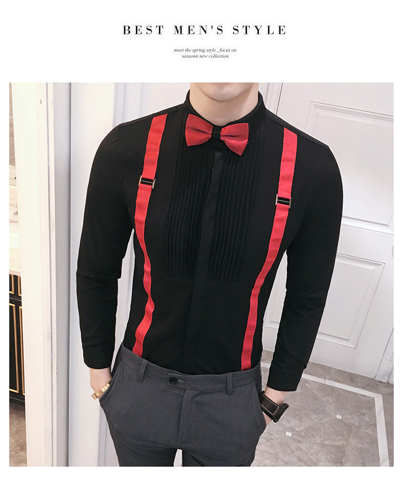 Autumn New Men'S Pull Strap Long-Sleeved Shirts Men'S Formal Shirts Groomsmen Clothes Bar Overalls