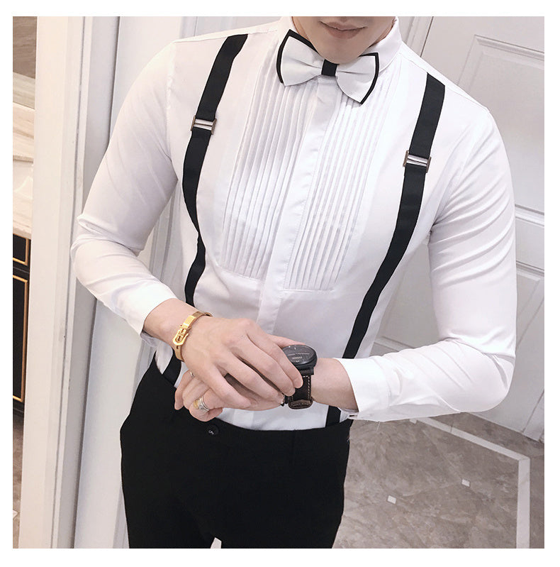 Autumn New Men'S Pull Strap Long-Sleeved Shirts Men'S Formal Shirts Groomsmen Clothes Bar Overalls