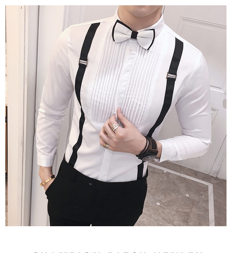 Autumn New Men'S Pull Strap Long-Sleeved Shirts Men'S Formal Shirts Groomsmen Clothes Bar Overalls