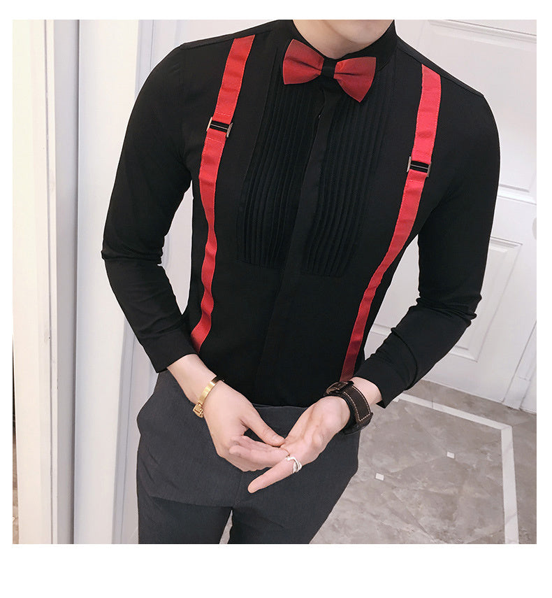 Autumn New Men'S Pull Strap Long-Sleeved Shirts Men'S Formal Shirts Groomsmen Clothes Bar Overalls