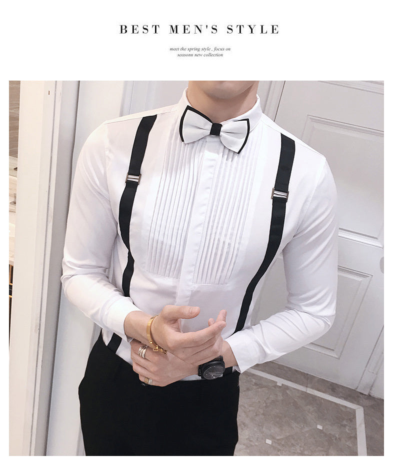 Autumn New Men'S Pull Strap Long-Sleeved Shirts Men'S Formal Shirts Groomsmen Clothes Bar Overalls