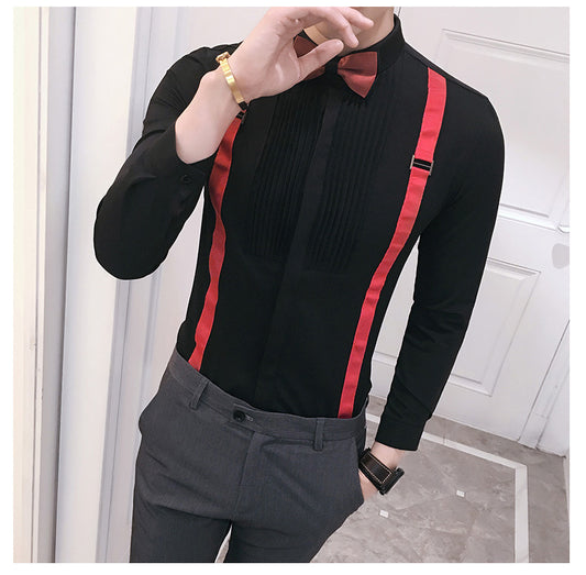 Autumn New Men'S Pull Strap Long-Sleeved Shirts Men'S Formal Shirts Groomsmen Clothes Bar Overalls