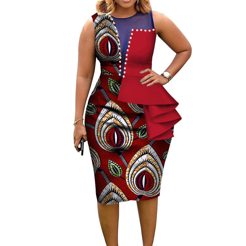 African Fashion Women Bain Riche African Cotton Printed Sleeveless Tight Dress Elegant Party Wear