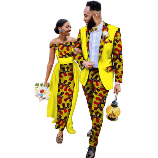 Cotton African Couple Wearing Wedding Dress Suits And Dress Sets