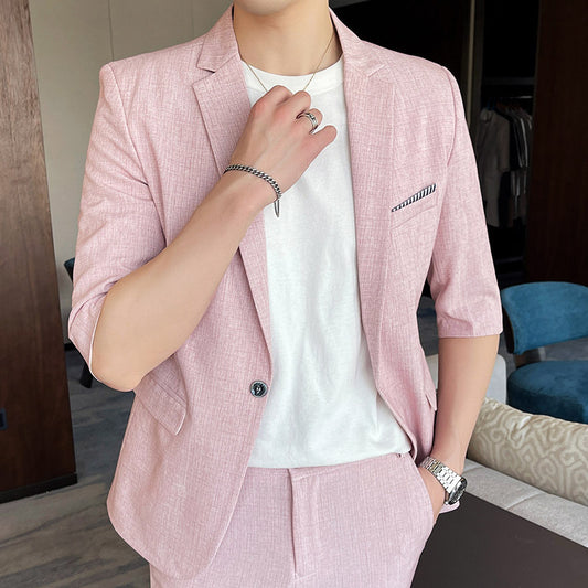 Men's Summer Thin Slim Small Plaid Middle-sleeved Three-quarter Sleeves Nine-point Pants Slim Suit