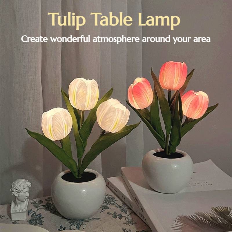 LED Tulip Night Light Simulation Flower Table Lamp Home Room Decoration Atmosphere Lamp Romantic Potted Gift For Office LED Lights