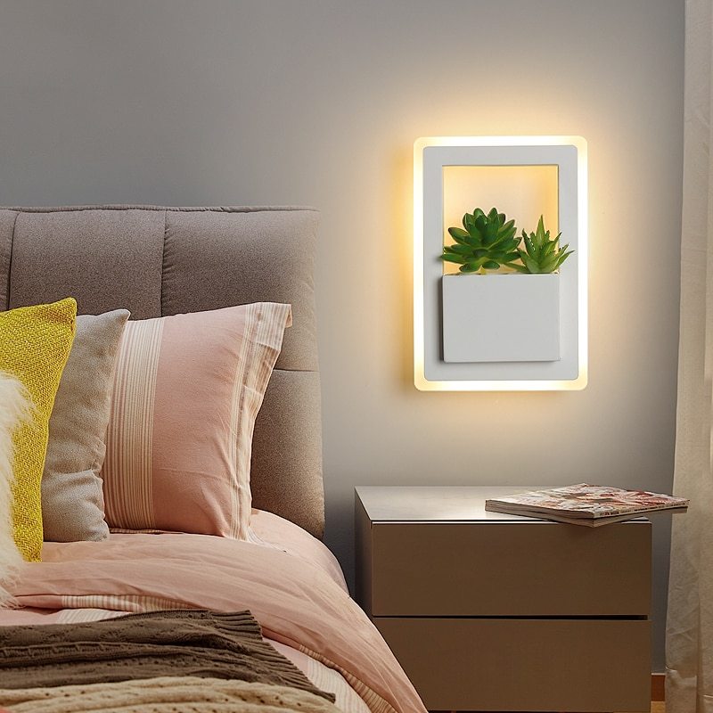 Modern LED Bedside Wall Lamp White Color with Plant LED Wall Lights for Bedroom Living Room Wall Sconce