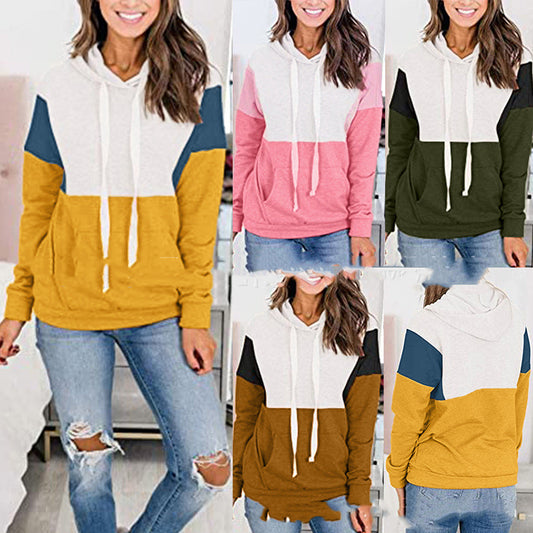 Stitching contrast color hooded sweater women