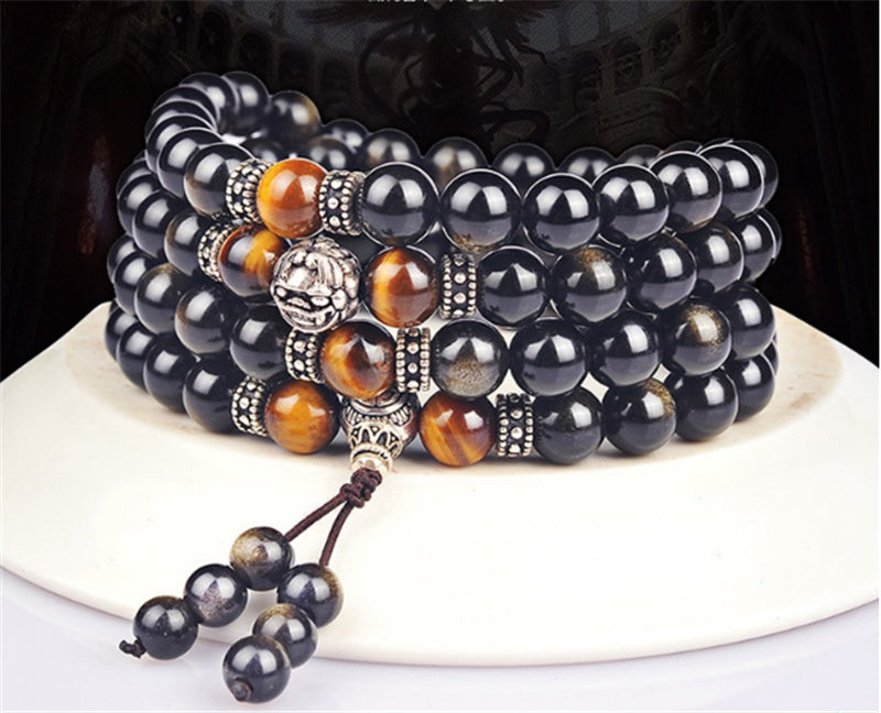 Natural Gold Obsidian Bracelet 108 Buddha Beads With Tibetan Silver Round Beads