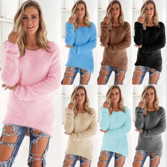 Solid color long-sleeved women's sweater tops Europe and the United States big plush