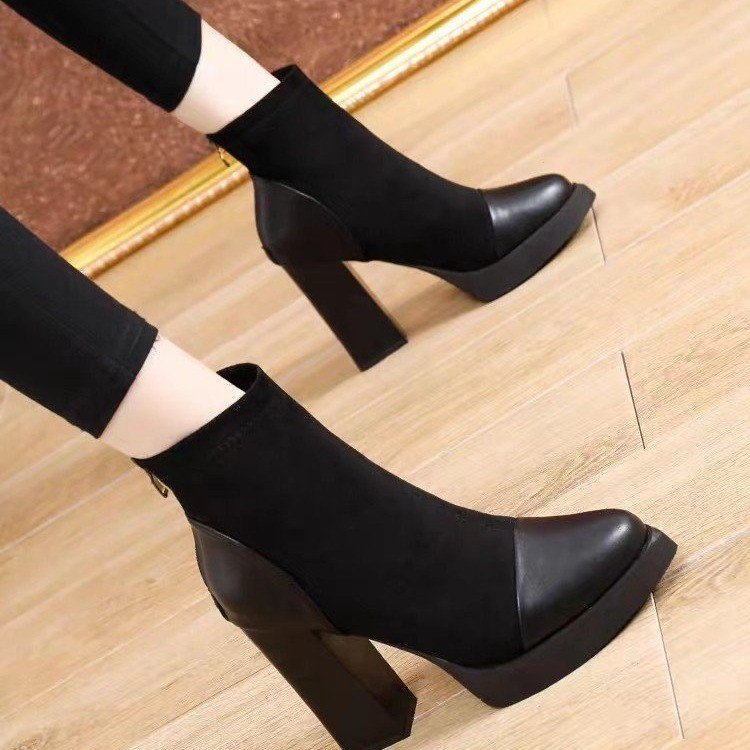 Patchwork Pointed-toe High Heel Short Boots Fashion Back Zipper