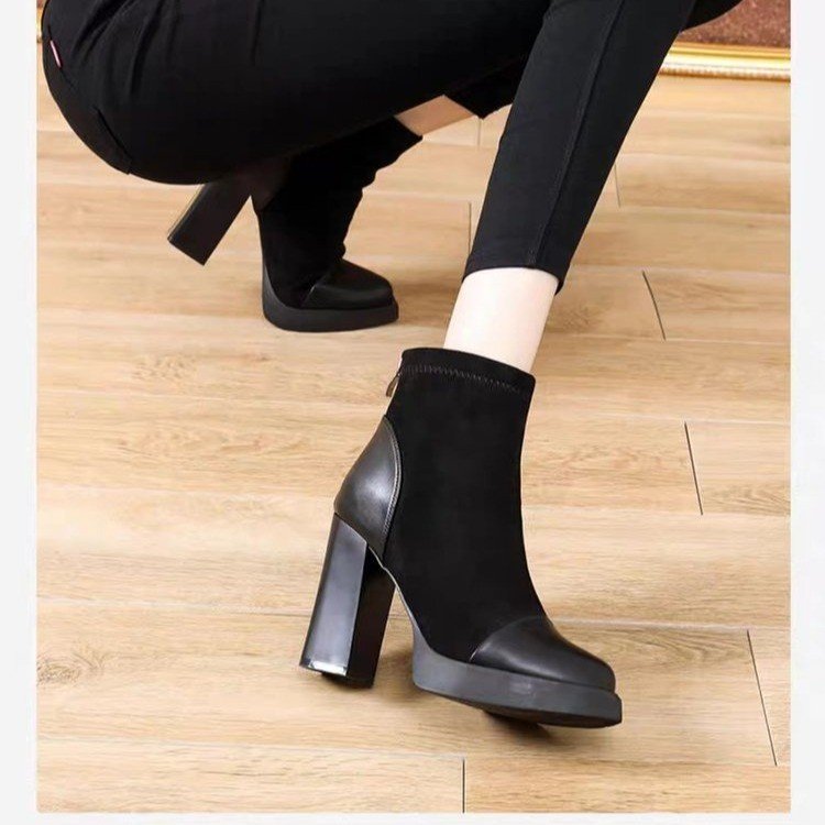 Patchwork Pointed-toe High Heel Short Boots Fashion Back Zipper