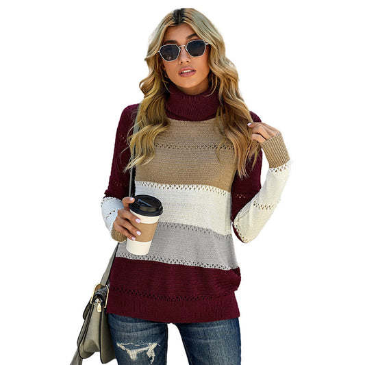 Contrasting Color Hollow Stitching Sweater Turtleneck Sweater Women