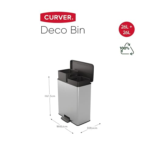 CURVER Metal Effect 100% recycled pedal touch Deco Bin, Metallic Silver, 65 L