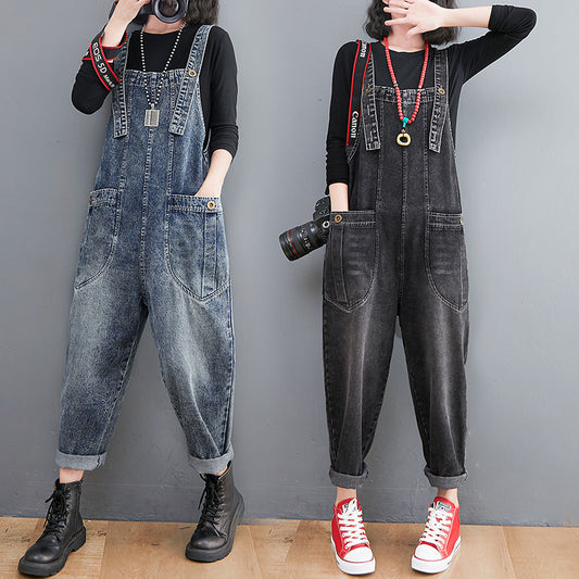 Women's Literary And Artistic Denim Overalls Retro Plus Size Loose