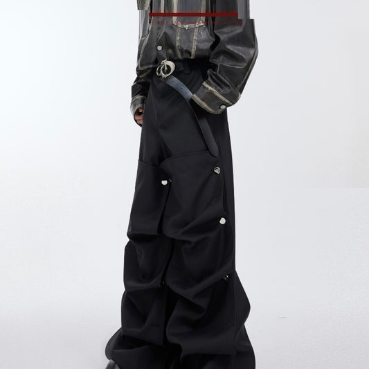 Rivet Design Casual Pants High Waist Crimp Stitching Loose Cargo Trousers