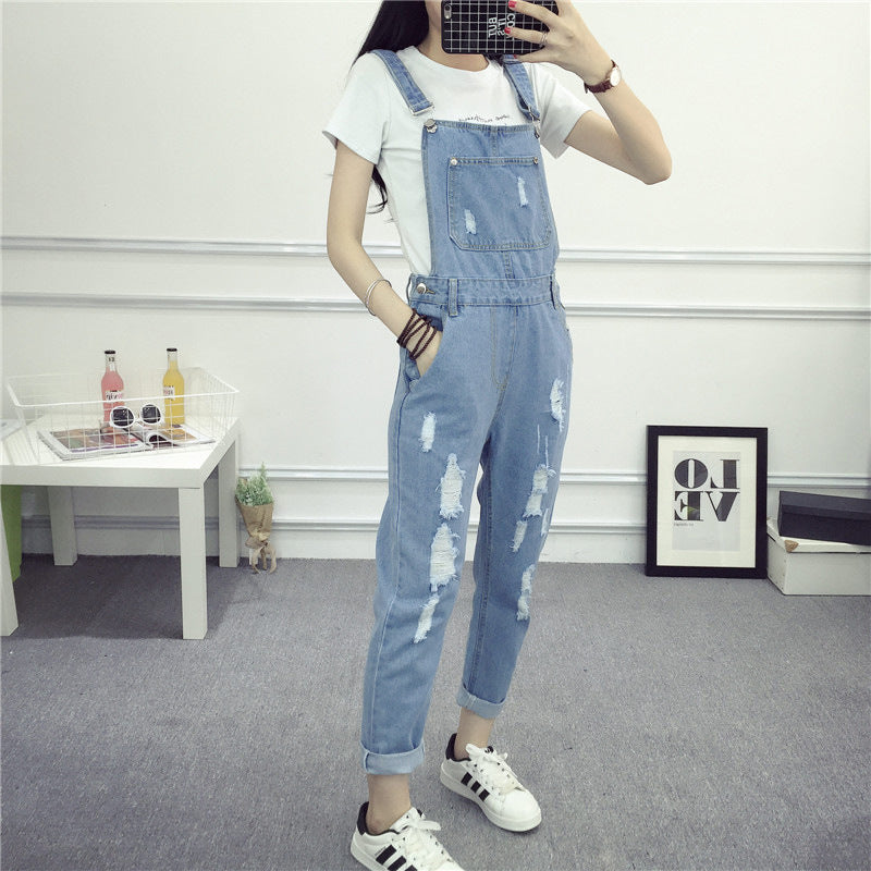 Spring And Autumn Casual Cool Ripped Denim Brace Trousers