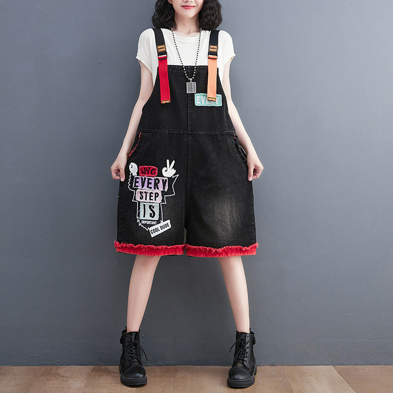 Large Size New Fashion Embroidered Denim Overalls Shorts Women