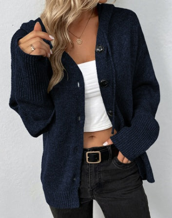 Solid Color Hooded Single-breasted Sweater Women's Cardigan Coat