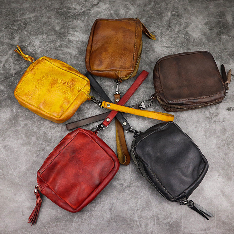 New hand dyed vegetable tanned leather women''s portable multi-functional small handbag lovers cowhide storage card bag pocket change purse