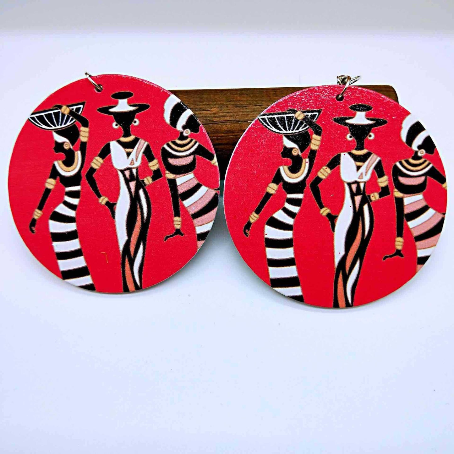 African pattern geometric round wooden earrings