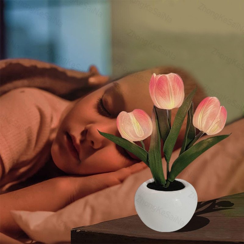 LED Tulip Night Light Simulation Flower Table Lamp Home Room Decoration Atmosphere Lamp Romantic Potted Gift For Office LED Lights