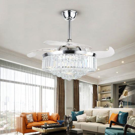 Crystal Fan Lights European Ceiling Fan Lights Living Room Bedroom Dining Room Invisible Led Fan Chandelier All Copper