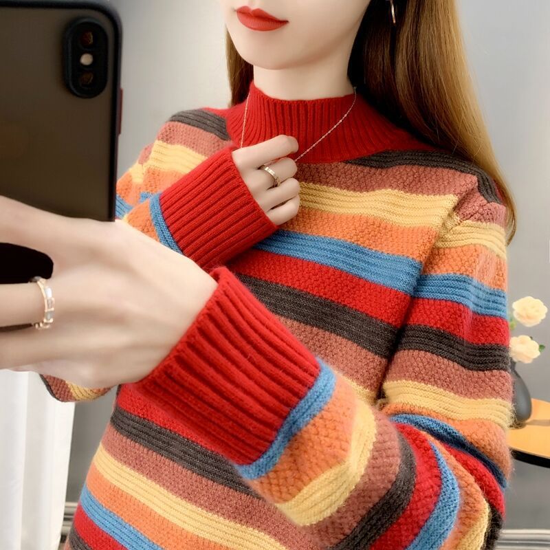 Mock-neck Stripes Sweater For Women