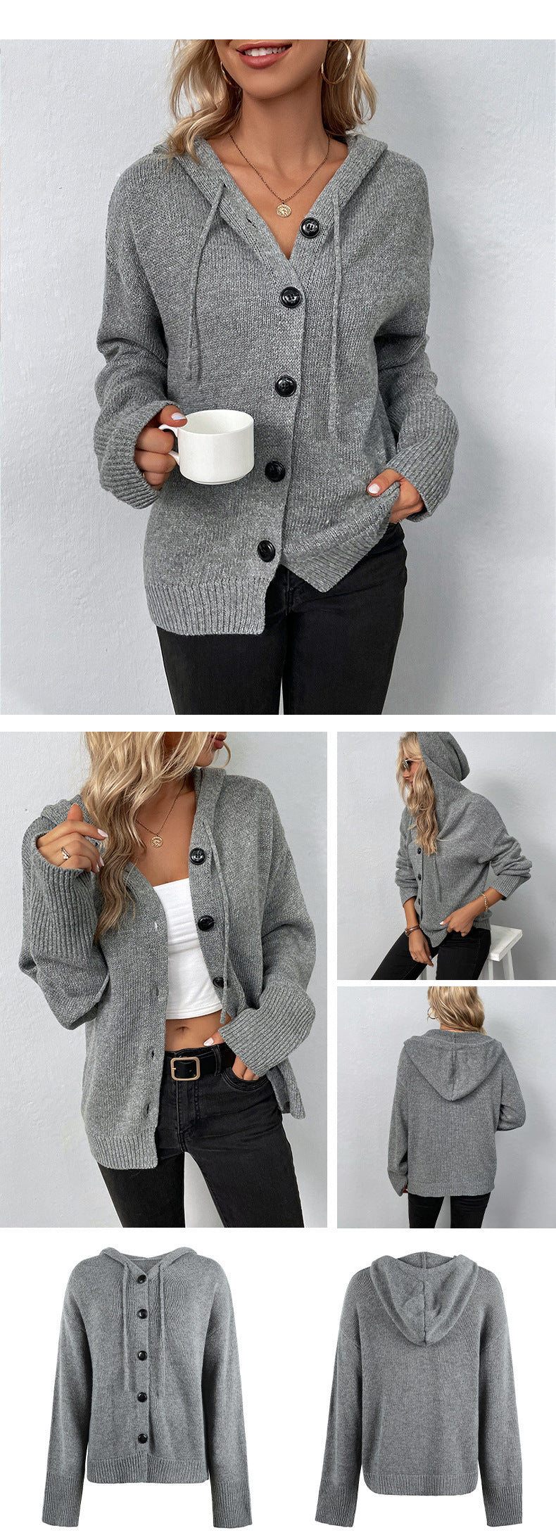 Solid Color Hooded Single-breasted Sweater Women's Cardigan Coat