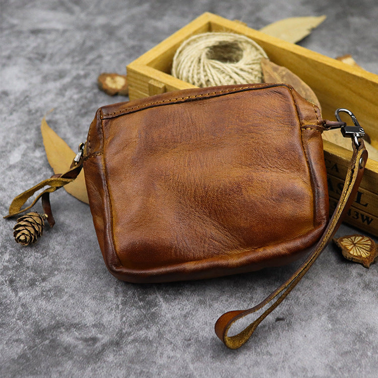 New hand dyed vegetable tanned leather women''s portable multi-functional small handbag lovers cowhide storage card bag pocket change purse