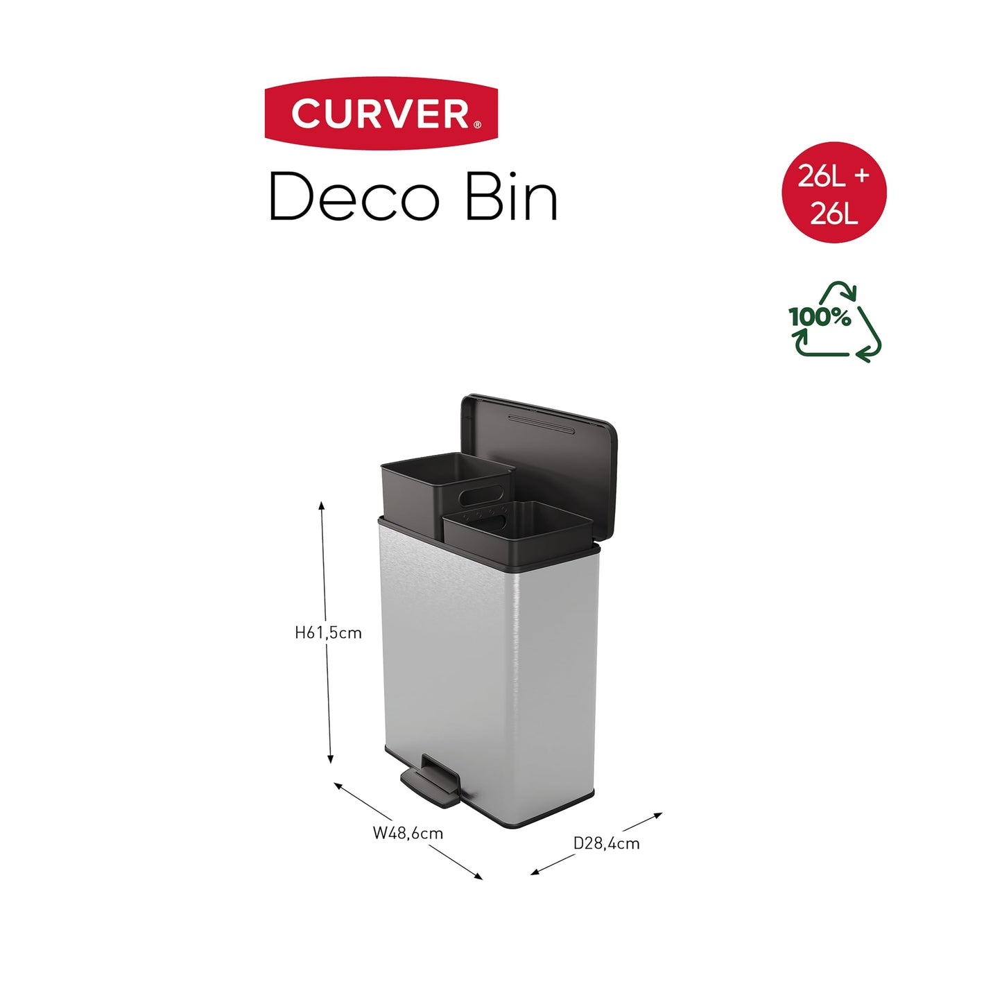 CURVER Metal Effect 100% recycled pedal touch Deco Bin, Metallic Silver, 65 L