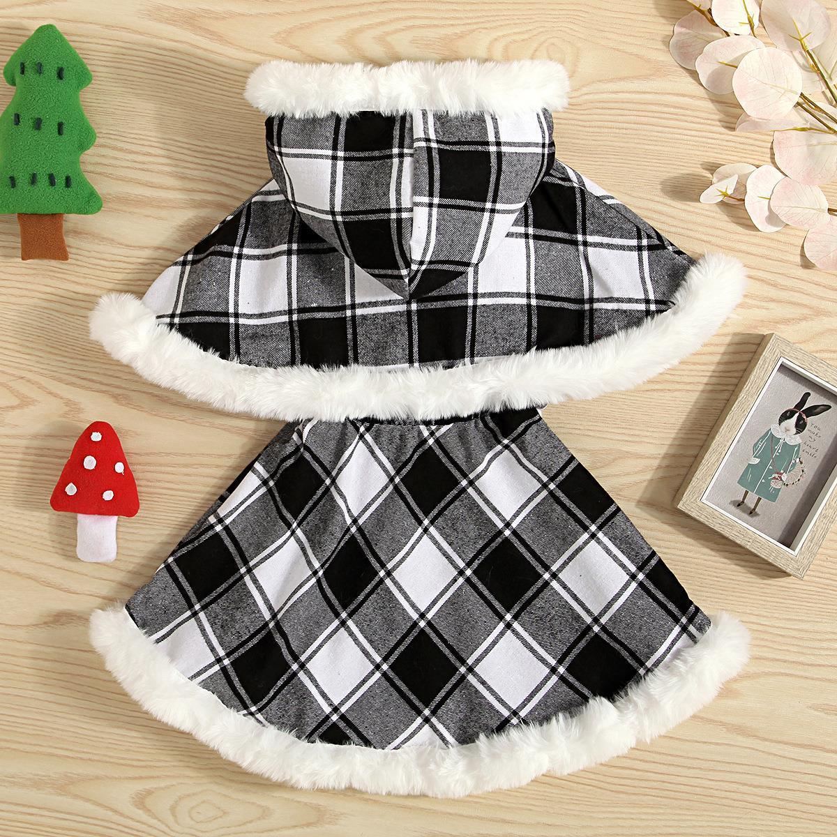 Girls Christmas Plaid Cape Dress Set