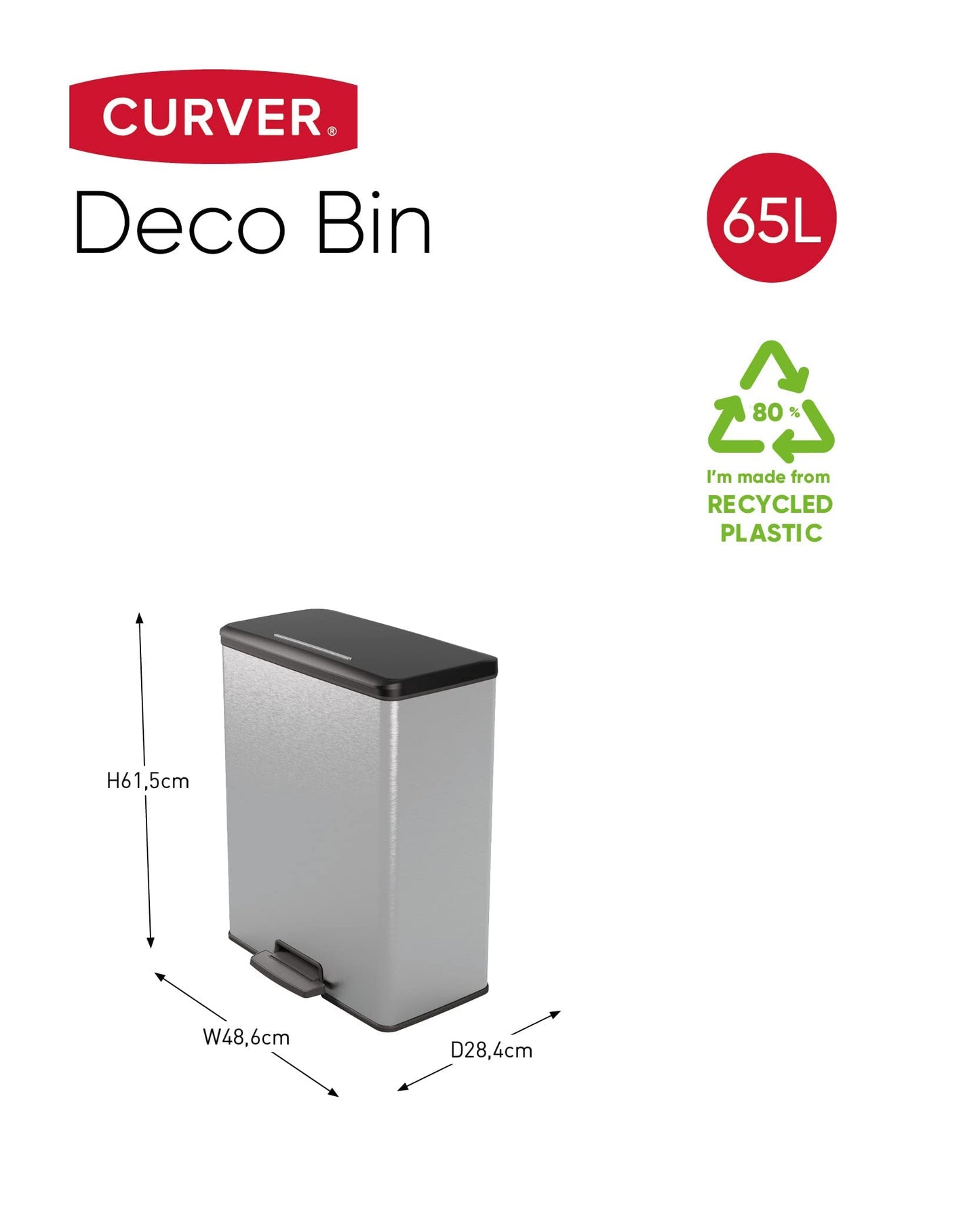 CURVER Metal Effect 100% recycled pedal touch Deco Bin, Metallic Silver, 65 L