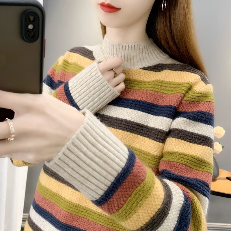 Mock-neck Stripes Sweater For Women