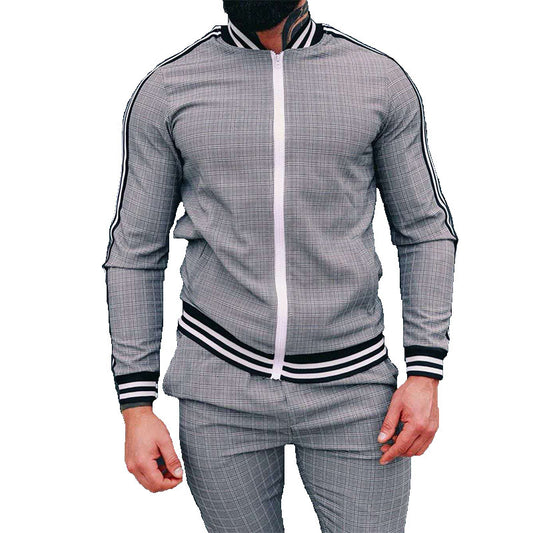 Casual Men's Sports Suit Check Zipper Shirt