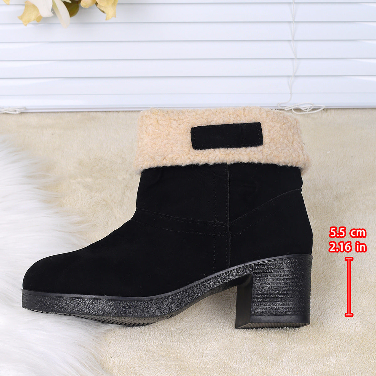 New Foldable Leopard Print Mid-calf Boots Winter Warm Fleece Thick Square Heels Boot For Women Fashion Round-toed Cotton Shoes