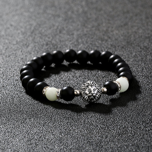 Luminous Running Beads Lion Head Metal Pendant Matte Black Glass Beads Bracelet