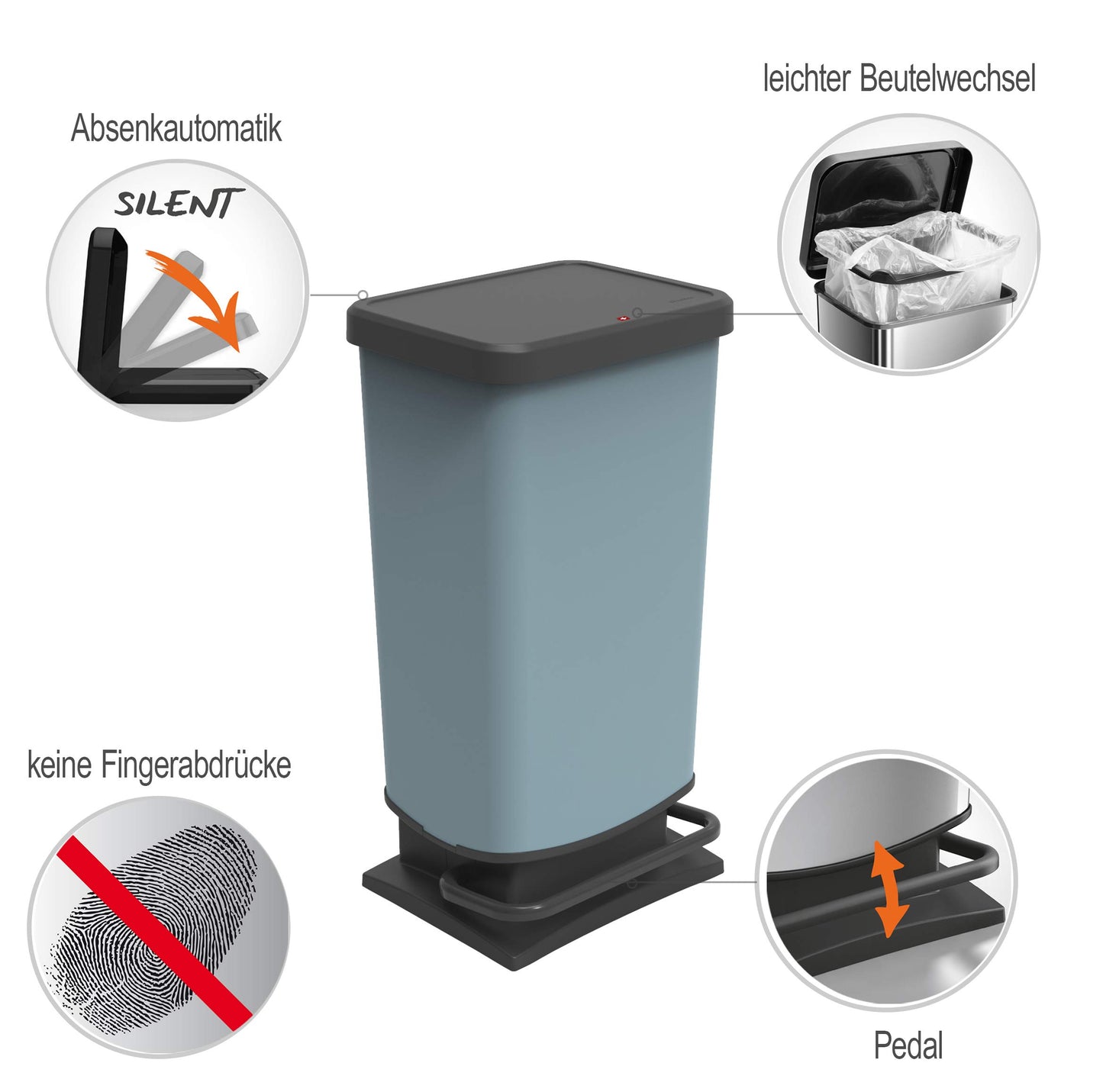 Rotho, Paso, Dustbin 40l with pedal and lid, Plastic (PP) BPA-free, silver hexagon, 40l (35,3 x 29,5 x 67,6 cm)