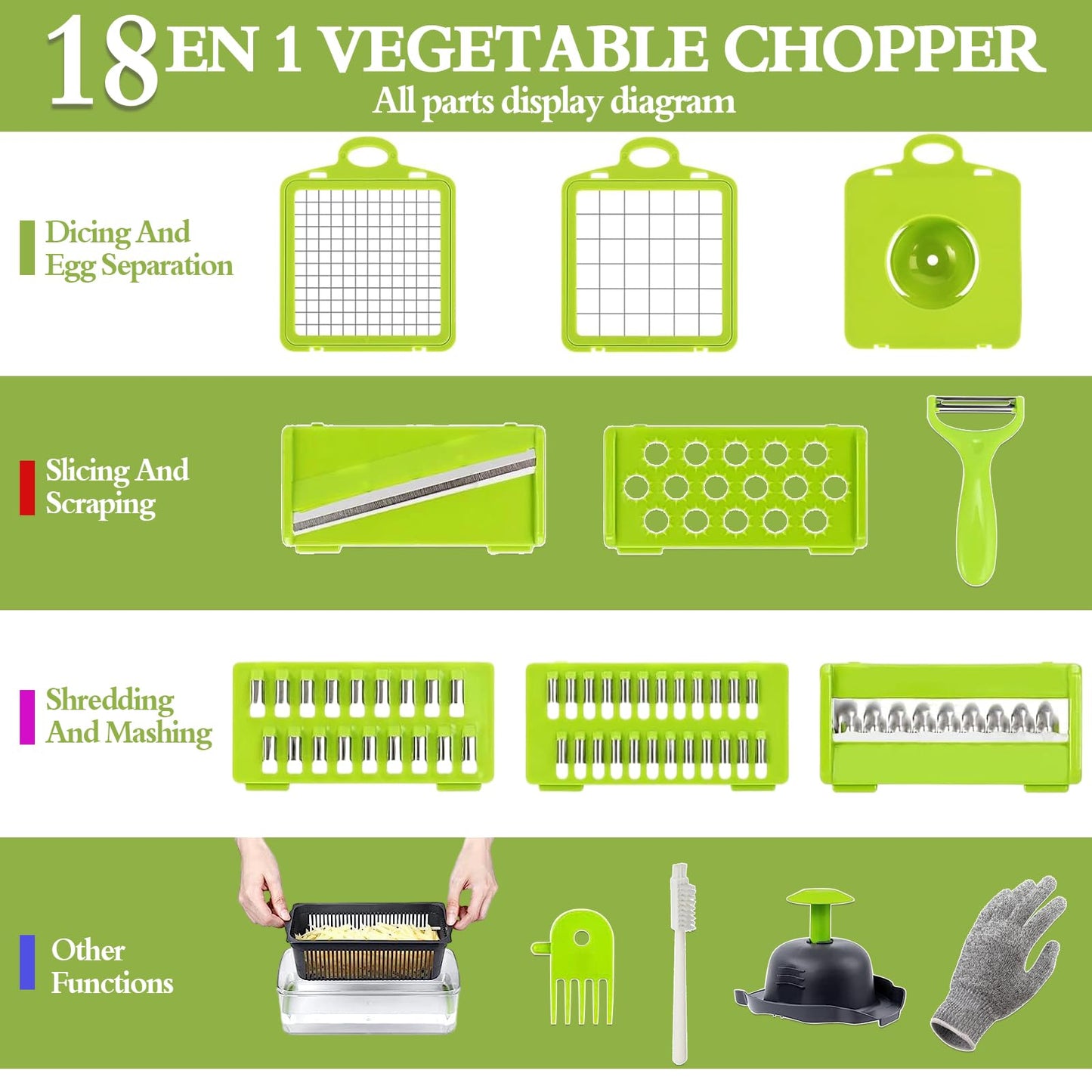 Swetfela 18 In 1 Vegetable Chopper, Mandoline Vegetable Slicer Multifunctional, Chopper Vegetable Cutter with 7 Blades, Mitten, Cleaning Brush and Peeler, Food Chopper for Cutting Vegetables and Fruit