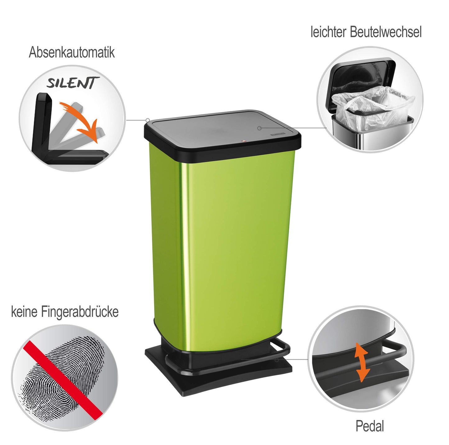 Rotho, Paso, Dustbin 40l with pedal and lid, Plastic (PP) BPA-free, silver hexagon, 40l (35,3 x 29,5 x 67,6 cm)