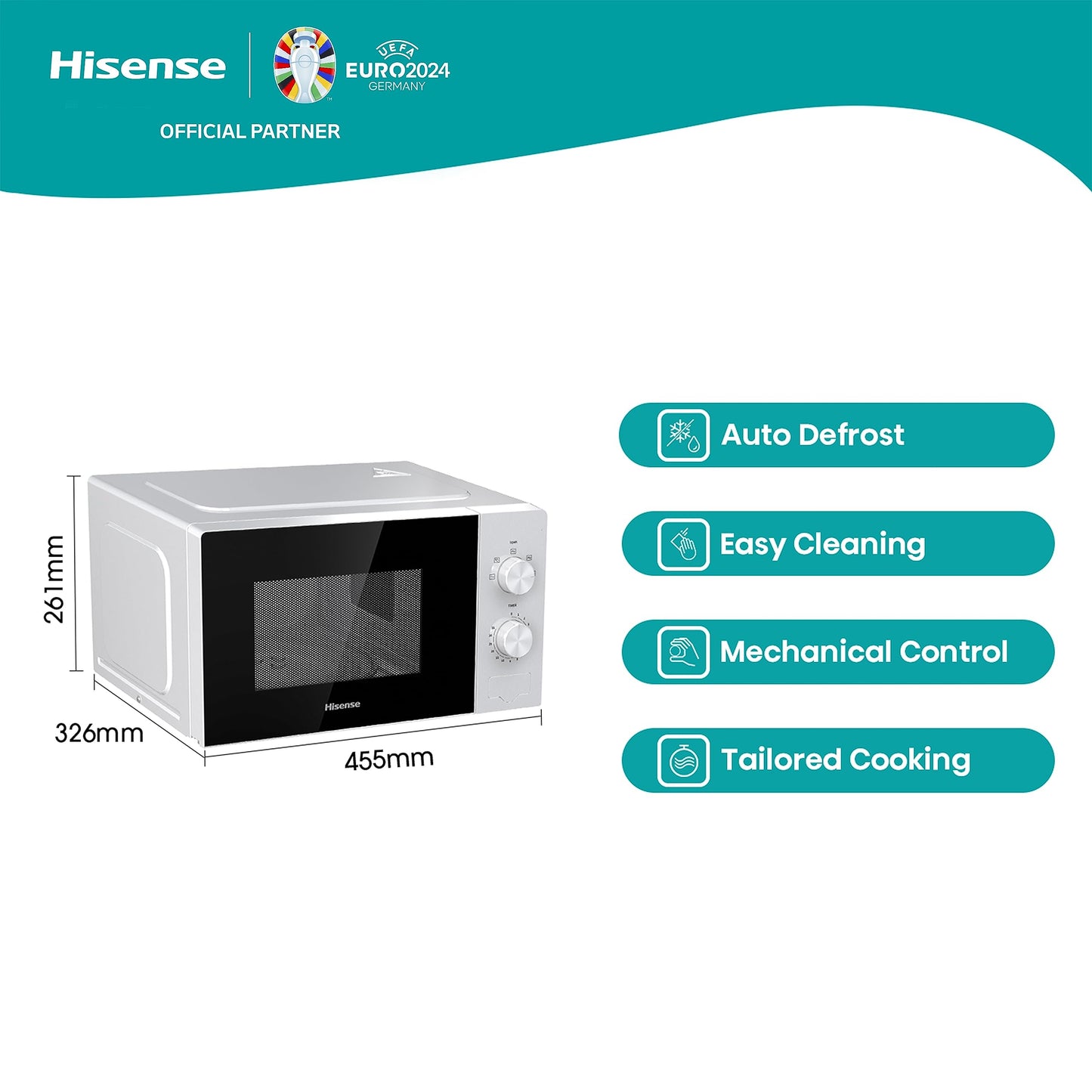 Hisense 700 Watts 20 Litre Solo Microwave Oven H20MOWP1UK White, Automatic Defrost, 5 power levels, Easy Clean, 32.6D x 45.5W x 26.1H centimetres Freestanding